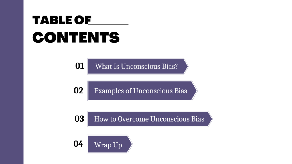 table of content for the blog unconscious bias at workplace